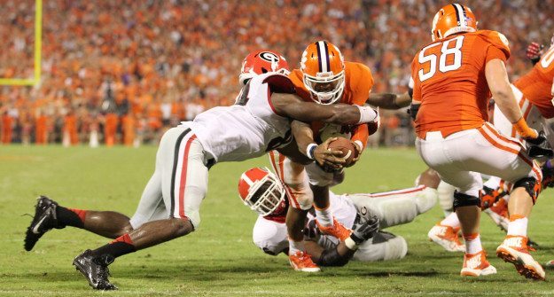 Tajh Boyd dives for the end zone during the first half of Clemson's 35-31 win over Georgia. (Travis Bell Photography)