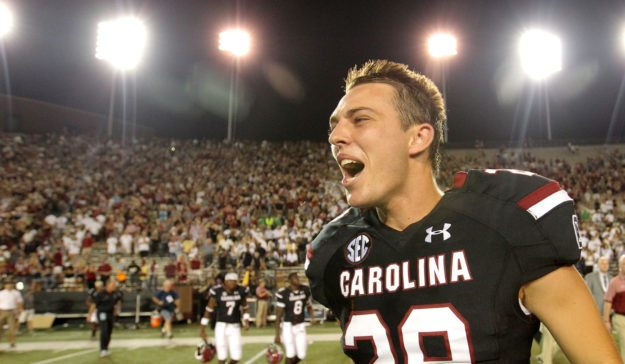 South Carolina's Elliott Fry celebrates after the Gamecocks' win in Nashville, Tenn. on Thursday, Sept. 1, 2016. (Travis Bell/SIDELINE CAROLINA)