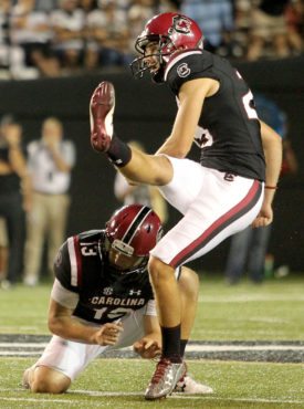 South Carolina's Elliott Fry follows his game-winning kick against Vanderbilt during fourth-quarter action in Nashville, Tenn. on Thursday, Sept. 1, 2016. (Travis Bell/SIDELINE CAROLINA)