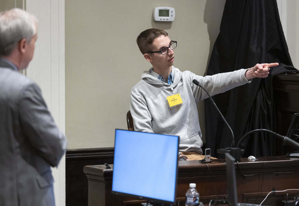 Michael Tony Satterfield, son of Gloria Satterfield, points out Alex Murdaugh during Murdaugh’s double murder trial at the Colleton County Courthouse in Walterboro, S.C., Tuesday, Feb. 3, 2023. The 54-year-old attorney is standing trial on two counts of murder in the shootings of his wife and son at their Colleton County home and hunting lodge on June 7, 2021. (Sam Wolfe/The State, Pool)