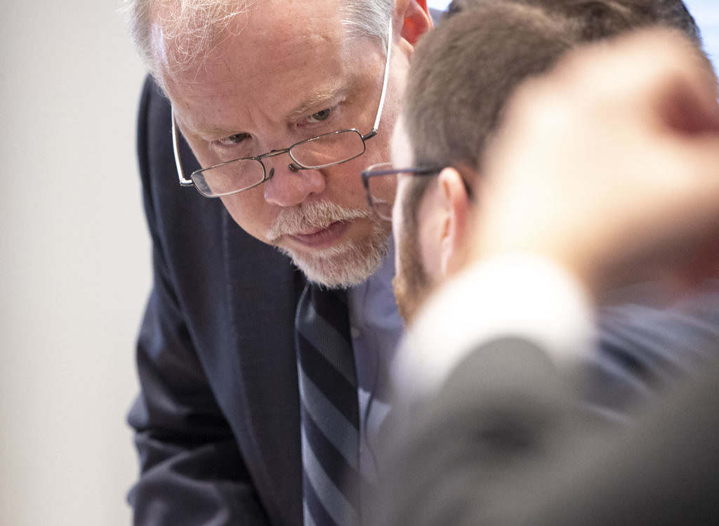 Prosecutor Creighton Waters talks with Johnny Ellis James, Jr. while asking questions to his witness in the double murder trial of Alex Murdaugh at the Colleton County Courthouse in Walterboro, Monday, Feb. 6, 2023. Andrew J. Whitaker/The Post and Courier/Pool