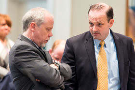 Prosecutor Creighton Waters speaks with South Carolina Attorney General Alex Murdaugh during day 16 of the double murder trial of Alex Murdaugh at the Colleton County Courthouse on Monday, February 13, 2023. Jeff Blake/The State/Pool