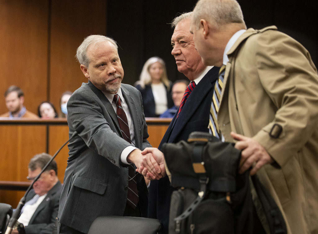 Prosecutor Creighton Waters (left) greets defense attorneys Dick Harpootlian and Jim Griffin at a status conference to discuss an upcoming hearing on Alex Murdaugh’s jury-tampering allegations against Colleton County Clerk of Court Rebecca “Becky” Hill to be ruled by former S.C. Chief Justice Jean Toal at the Richland County Judicial Center on Monday, Jan. 16, 2024, in Columbia, S.C. Gavin McIntyre/The Post and Courier/Pool